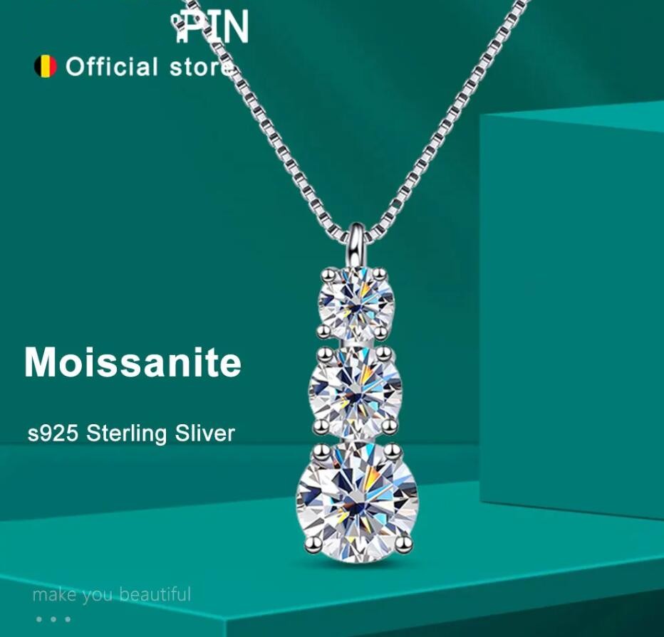 1.8CT Choucong Brand Moissanite Diamond Necklace for Woman Wedding Jewely Real 100% 925 Sterling Sliver 18k White Gold Three Stones Pendant Gift