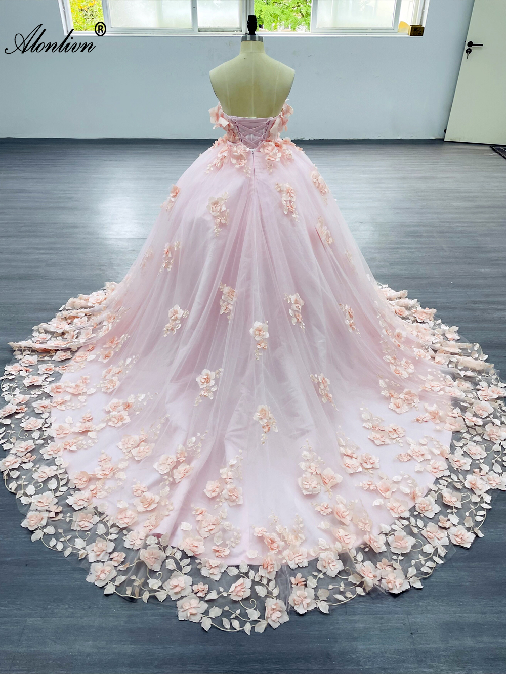 Alonlivn Off Shoulder Handmade Flowers Wedding Dress Beading Appliques Inside Short Skirts Overside Removable Train For Brides