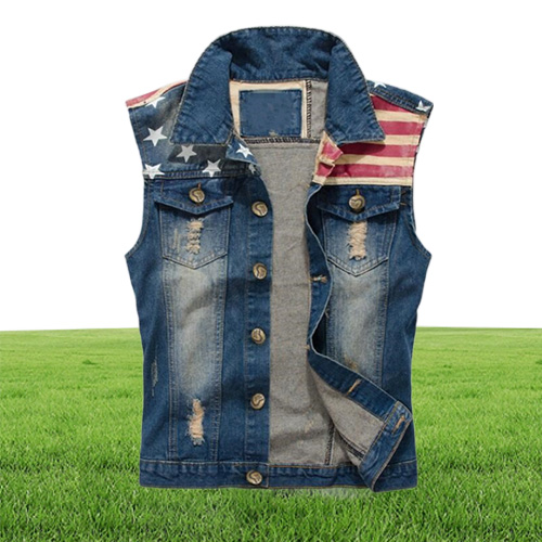 Design Man Denim Vest America Flag Blue Jeans Waistcoat Sleeveless Cowboy Jeans Jacket Men Sleeveless coat w58
