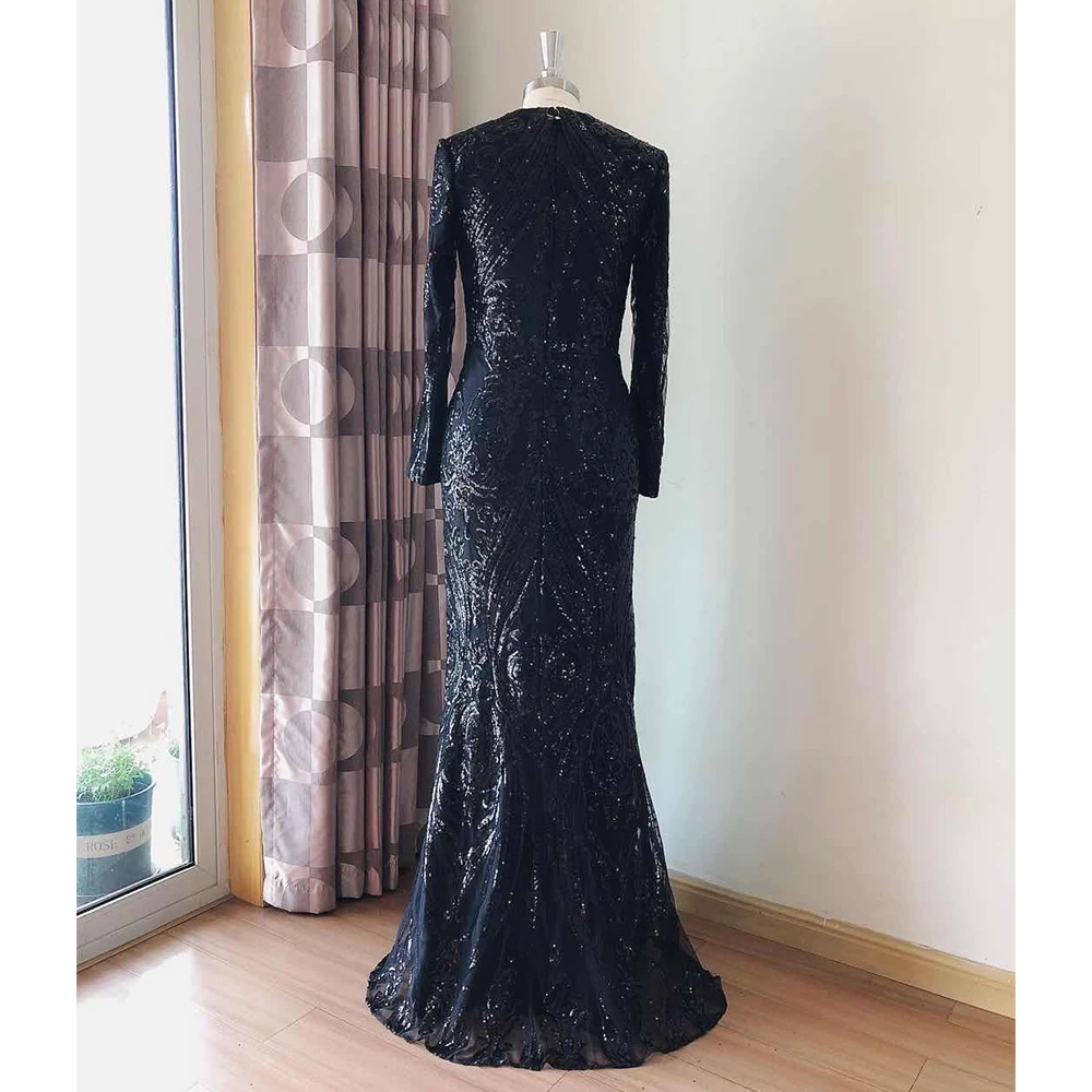 Elegant Pink Sequined Long Prom Dresses With Detachable Train Crew Neck Full Sleeves Formal Party Gowns Women Glitter Evening Dress Special Occasion W