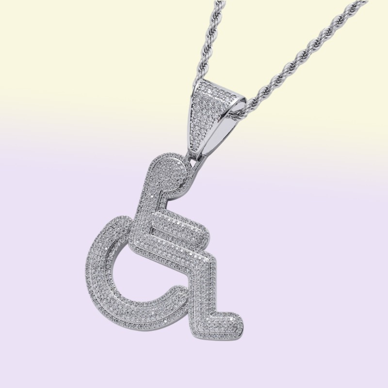 Wheelchair Handicap Sign Pendant Necklace Gold Silver Color Bling Cubic Zircon Men Hip hop Rock