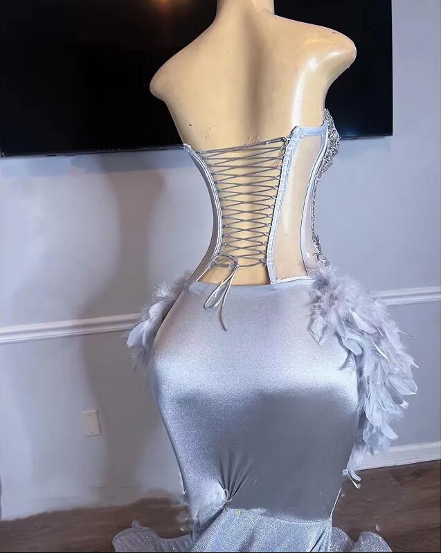 Silver Mermaid Prom Dresses 2024 Beads Feathers Glitter Crystals corset Luxury Formal Party Evening Dress Robe De Bal Gowns