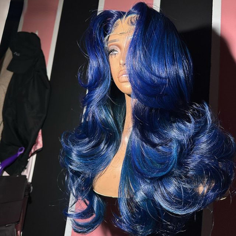Free shipping 360 Dark Navy Blue Body Wave Human Hair 200% Highlight Glueless 13x4 Frontal PrePlucked Synthetic Closure Lace Wig