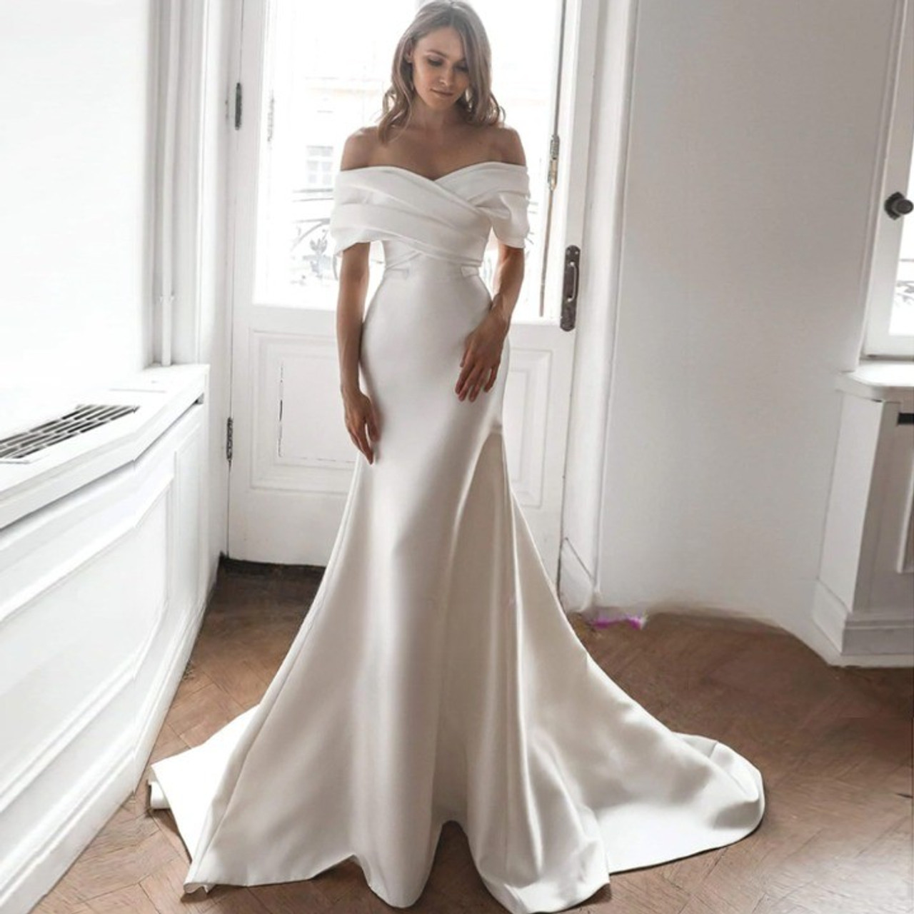 Alonlivn Elegant Off Shoulder Sleeves 2 In 1 Mermaid Wedding Dress Removable Royal Train Trumpet Bridal Gowns