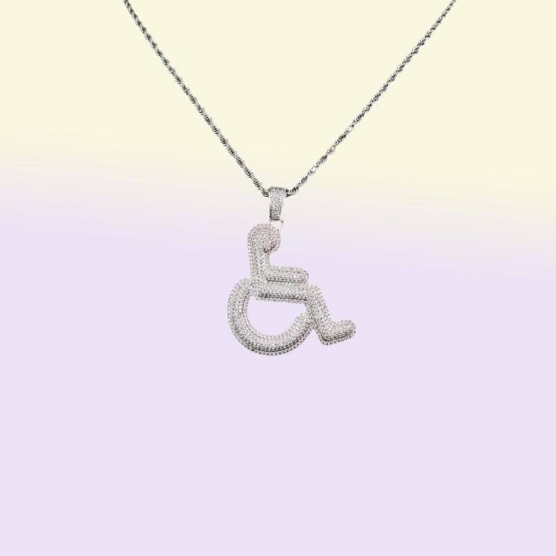 Wheelchair Handicap Sign Pendant Necklace Gold Silver Color Bling Cubic Zircon Men Hip hop Rock