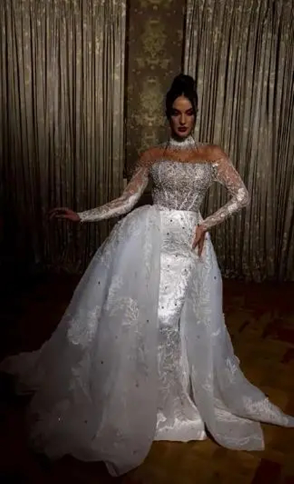 Mermaid Arabic Wedding Dubai Dresses Long Sleeves Pearls Beaded High Collar Lace Appliques Gorgeus Bridal Gowns with Detachable Train