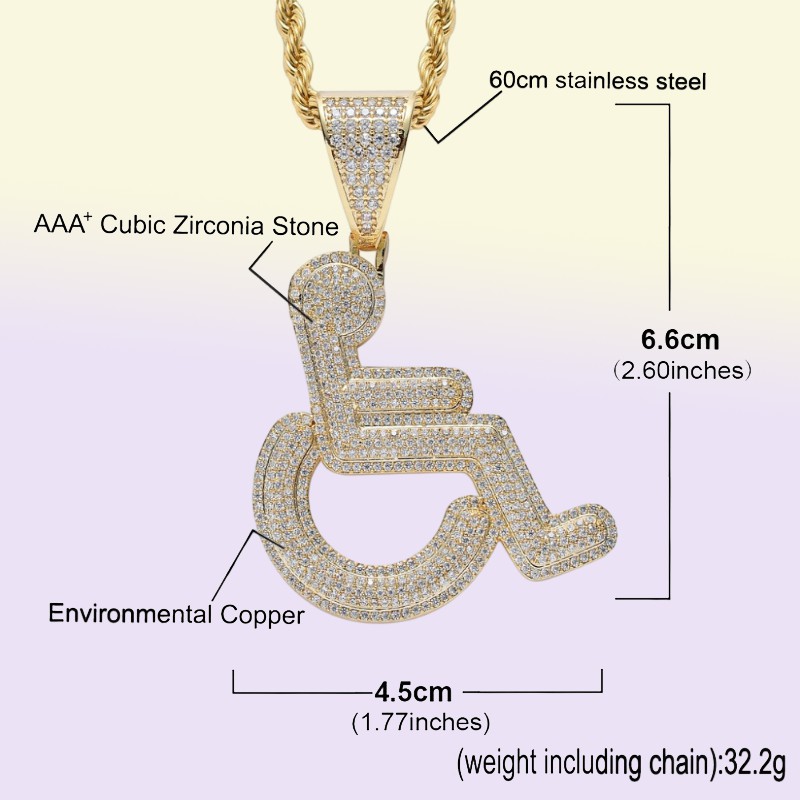 Wheelchair Handicap Sign Pendant Necklace Gold Silver Color Bling Cubic Zircon Men Hip hop Rock