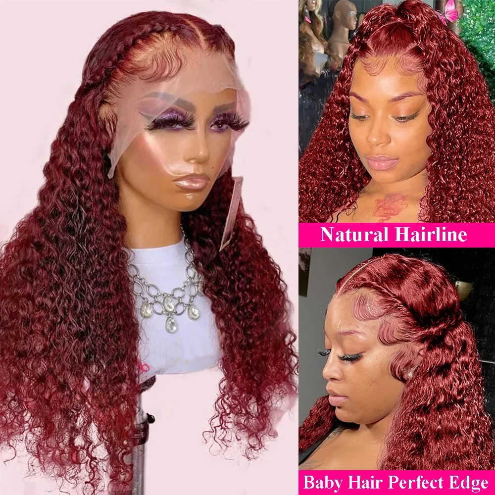 13x4 13x6 Brazilian Deep Curly Lace Frontal Wig Transparent 99J Burgundy Curly Lace Front Wigs Red Colored HD Deep Wave Simulation Human Hair Wigs