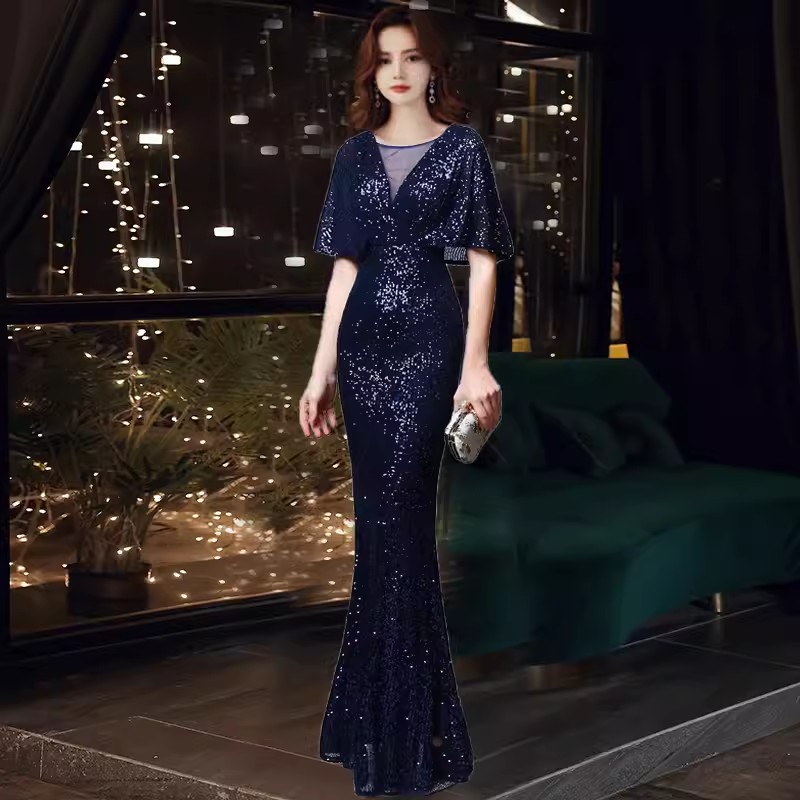 V-Neck dress long fishtail sequin evening dress slim banquet evening dress host dress