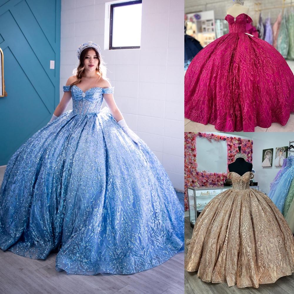 Shimmering Glitter Tulle Quinceanera Dress Detachable Back Bow Ball Mexican Quince Sweet 15/16 Birthday Party Gown for 15th Girl Drama Winter Formal P