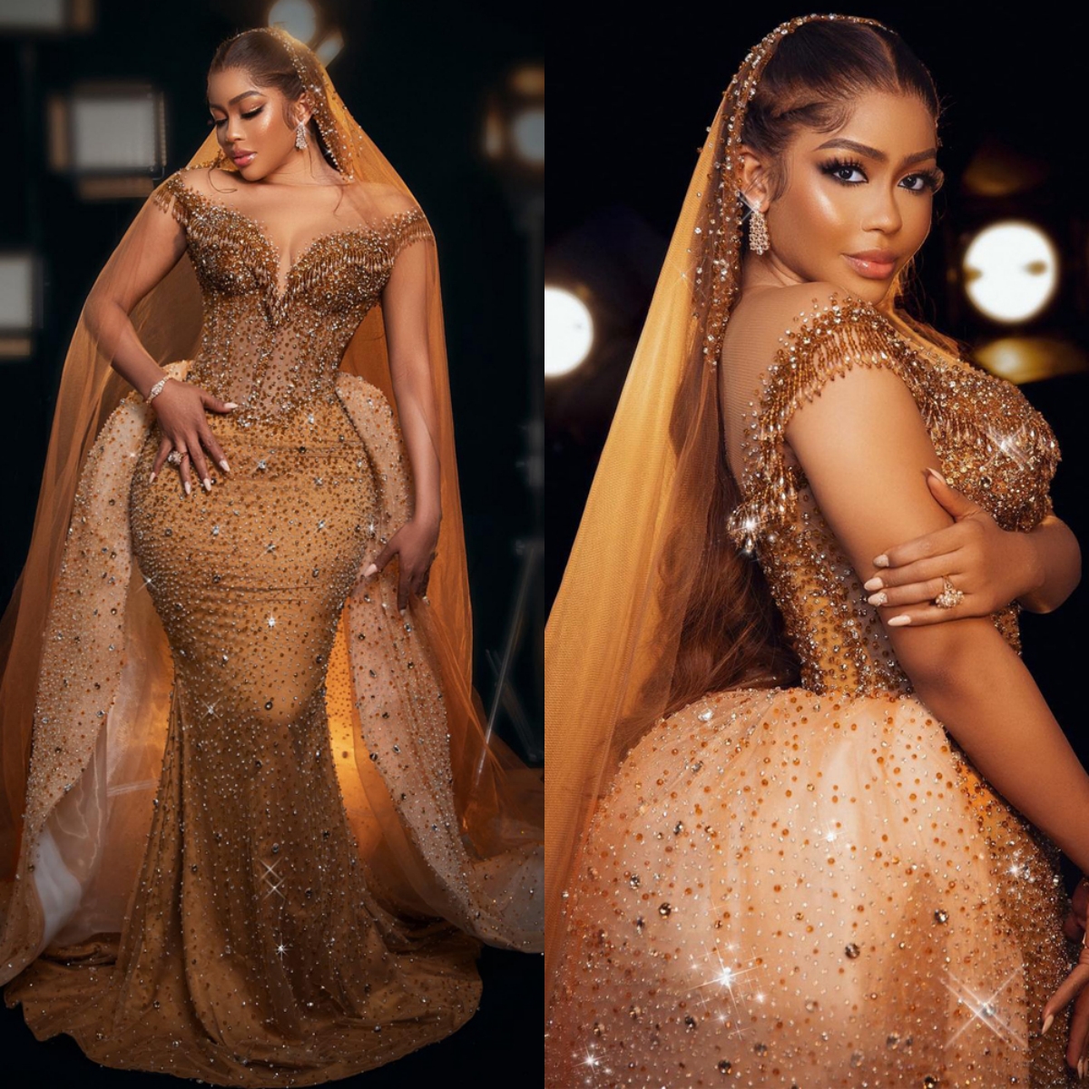 Glitter Dia Mermaid Wedding With Detachable Train Beaded Crystal Tassel Bridal Gowns Bride Dresses Custom Made 0219