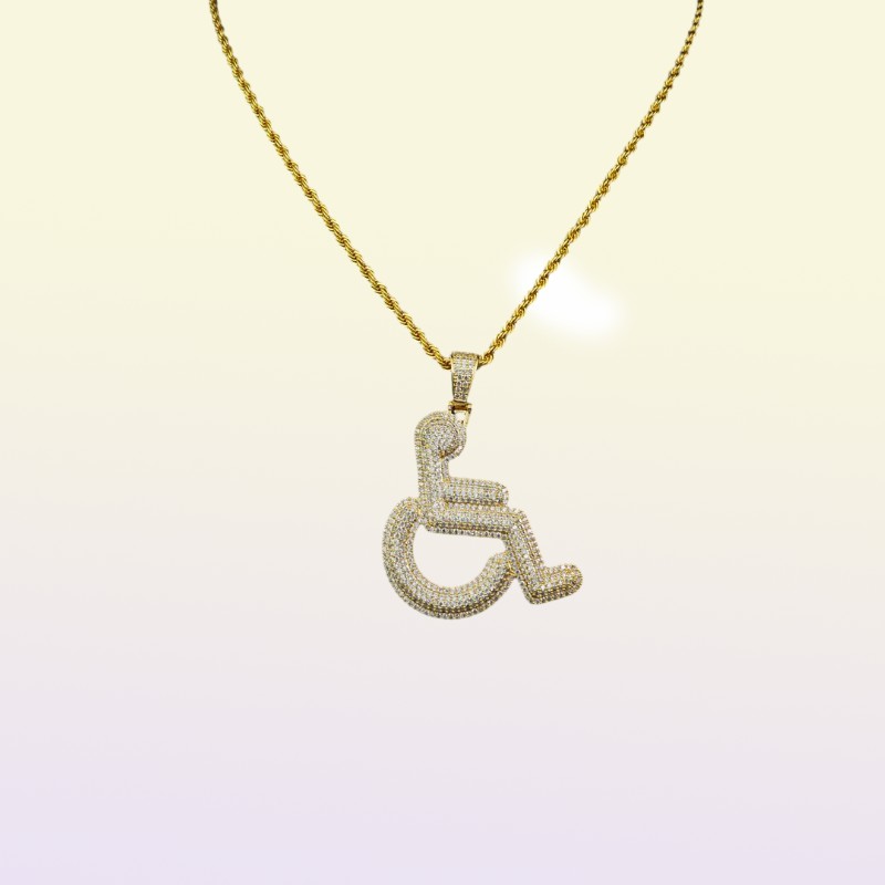 Wheelchair Handicap Sign Pendant Necklace Gold Silver Color Bling Cubic Zircon Men Hip hop Rock