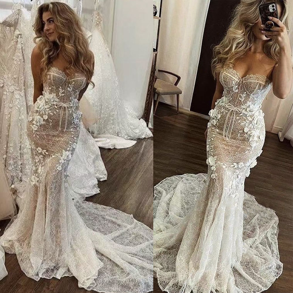 Country Mermaid Wedding Dresses Sexy Lace Appliques Crystal Beads Bridal Gowns Sweep Train Corset Back Plus Size Vestido de Noiva 06