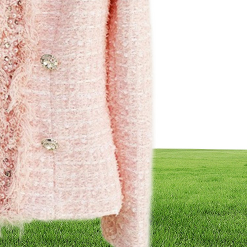 Fall Autumn Long Sleeve V Neck Pink Solid Color Tweed Beaded Rhine Buckles Double-Breasted Blazers Elegant Top Quality Outwear Coats 21O13202