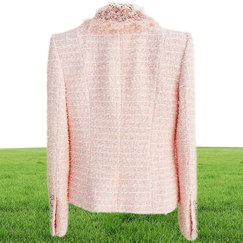 Fall Autumn Long Sleeve V Neck Pink Solid Color Tweed Beaded Rhine Buckles Double-Breasted Blazers Elegant Top Quality Outwear Coats 21O13202