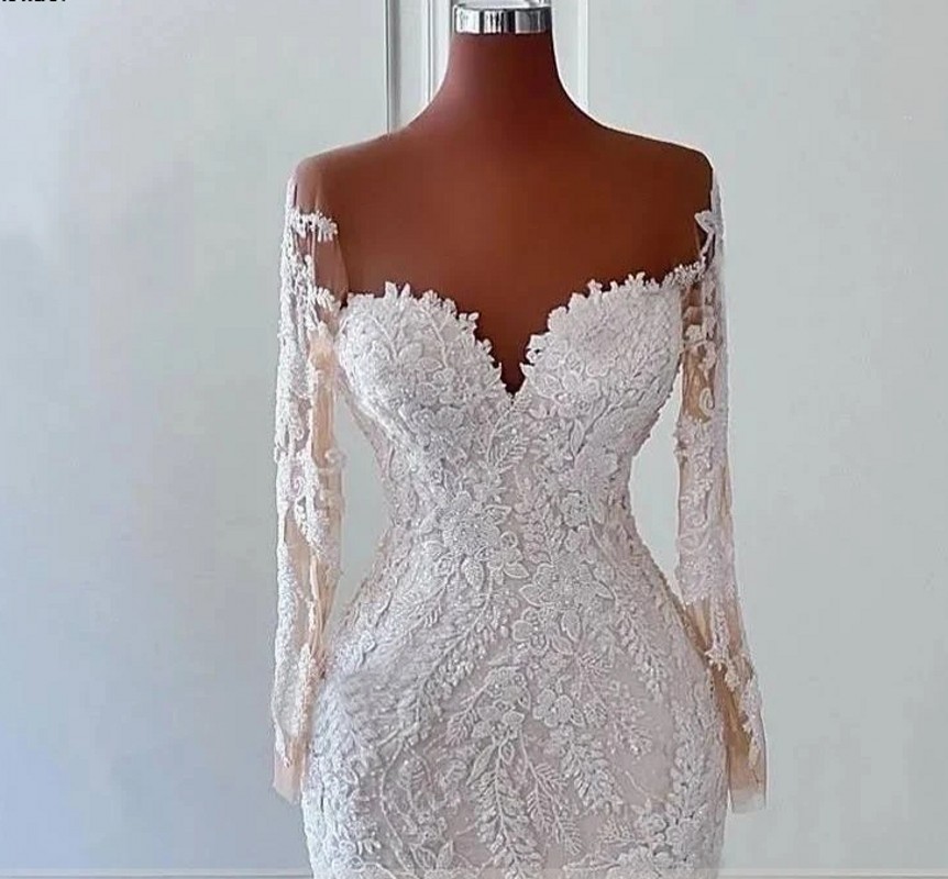 Mermaid Gorgeous Wedding Dress Women Sheer Neck Beads Long Sleeves Buttons Back Lace Appliuqes Bride Gowns Vestido De Novia