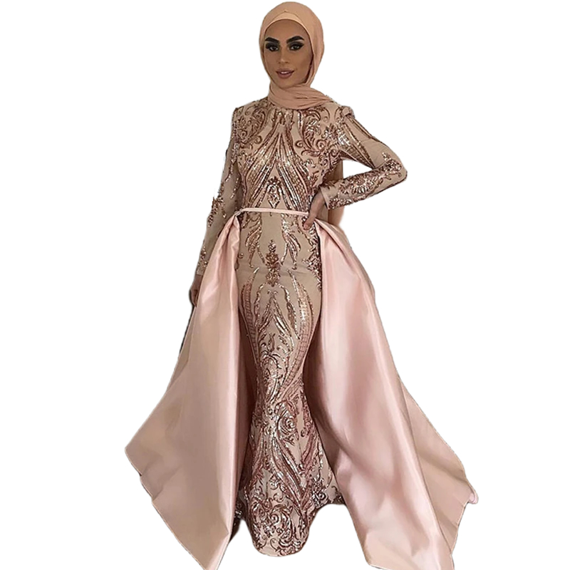 Elegant Pink Sequined Long Prom Dresses With Detachable Train Crew Neck Full Sleeves Formal Party Gowns Women Glitter Evening Dress Special Occasion W
