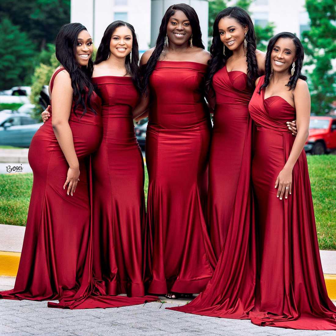 South African Red Junior Bridesmaid Mermaid Elastic Satin Sweep Train Maid of Honor Dresses Bride Gowns for Nigeria Black Women Girls Marriage BR119