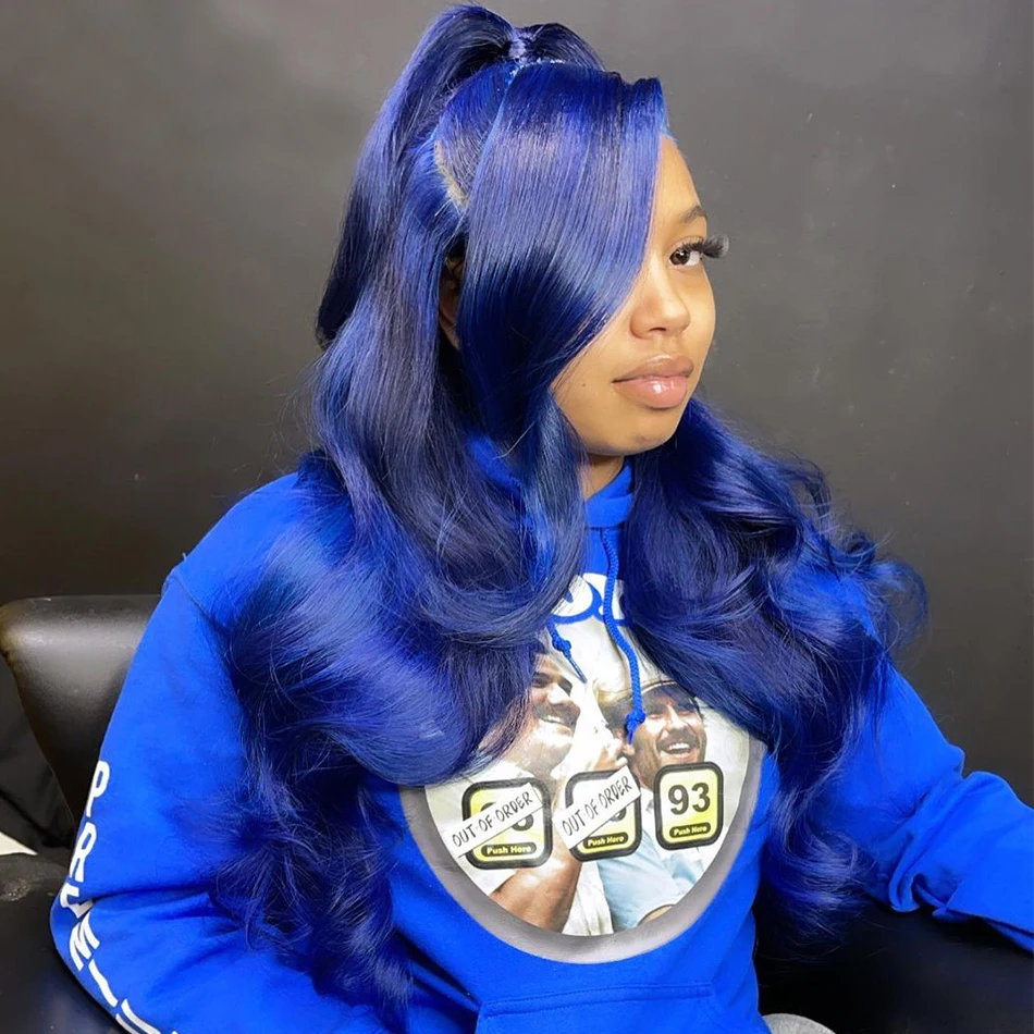 Free shipping 360 Dark Navy Blue Body Wave Human Hair 200% Highlight Glueless 13x4 Frontal PrePlucked Synthetic Closure Lace Wig