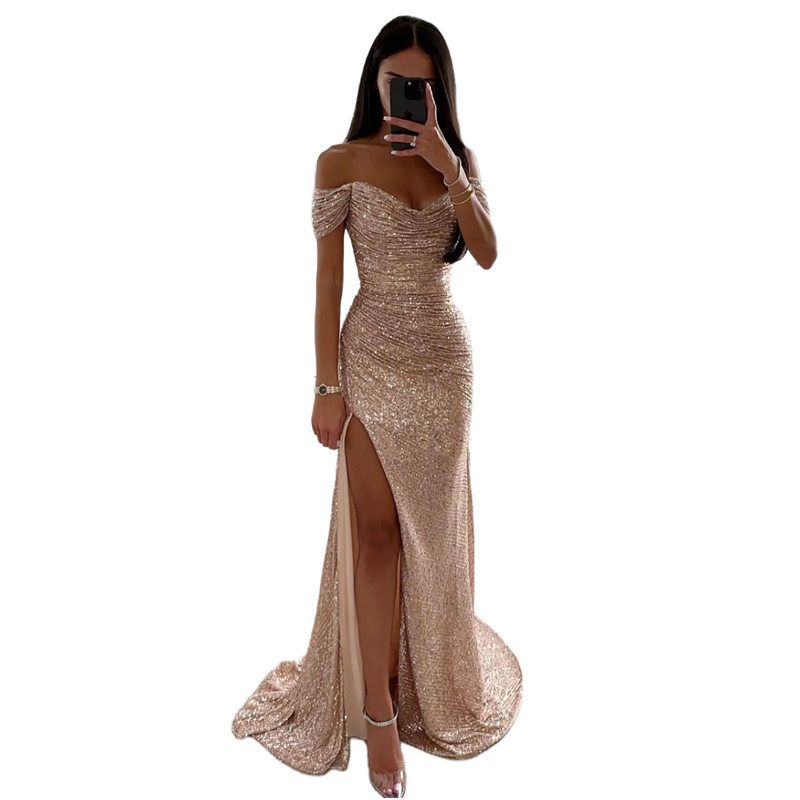 Sexy Champagne Sequined Prom Dresses Side Split Off The Shoulder Long Elegant Evening Gowns For women 2024 Glitter Special Occasion Dress