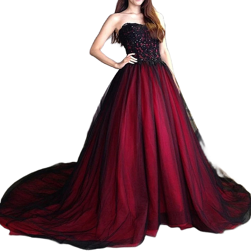 Vintage Dark Red And Black A Line Wedding Dress Lace Appliques Beaded Long Train Gothic Bride Gowns Sleeveless Sweetheart Women Formal Occasion Dresse