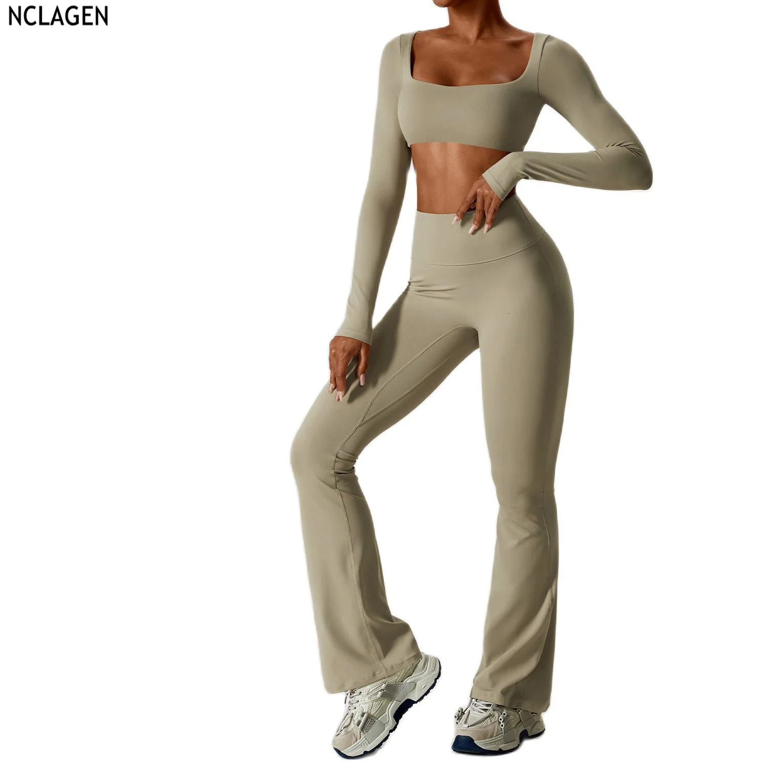 NCLAGEN Women's 2pcs Gym Yoga Suit Tight Fitting Sports Set Workout Breathable T Shirts Bra Tank Top Loose Bellbottoms Leggings 240122