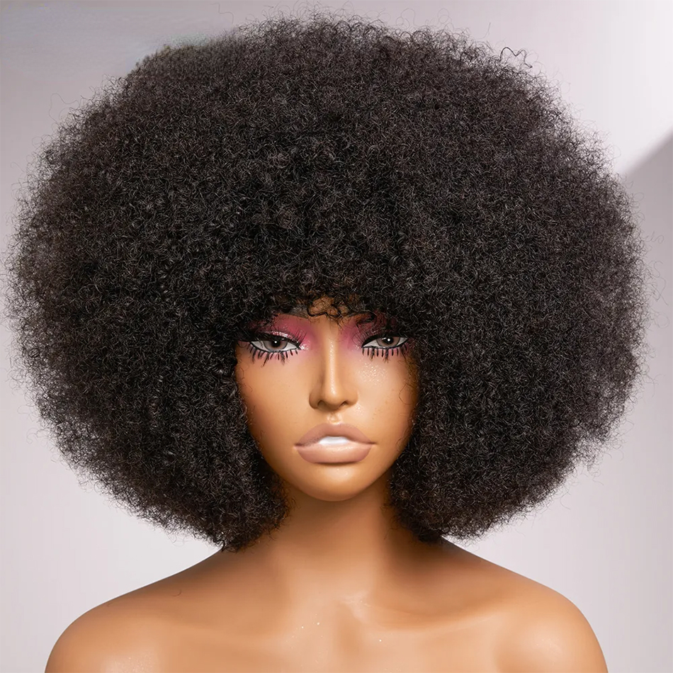 Fluffy Afro Kinky Curly Human Hair Wig with Thick Bang 70s Natural Short Bob Wigs for Black Women 180% Density Full Lace Front Wig