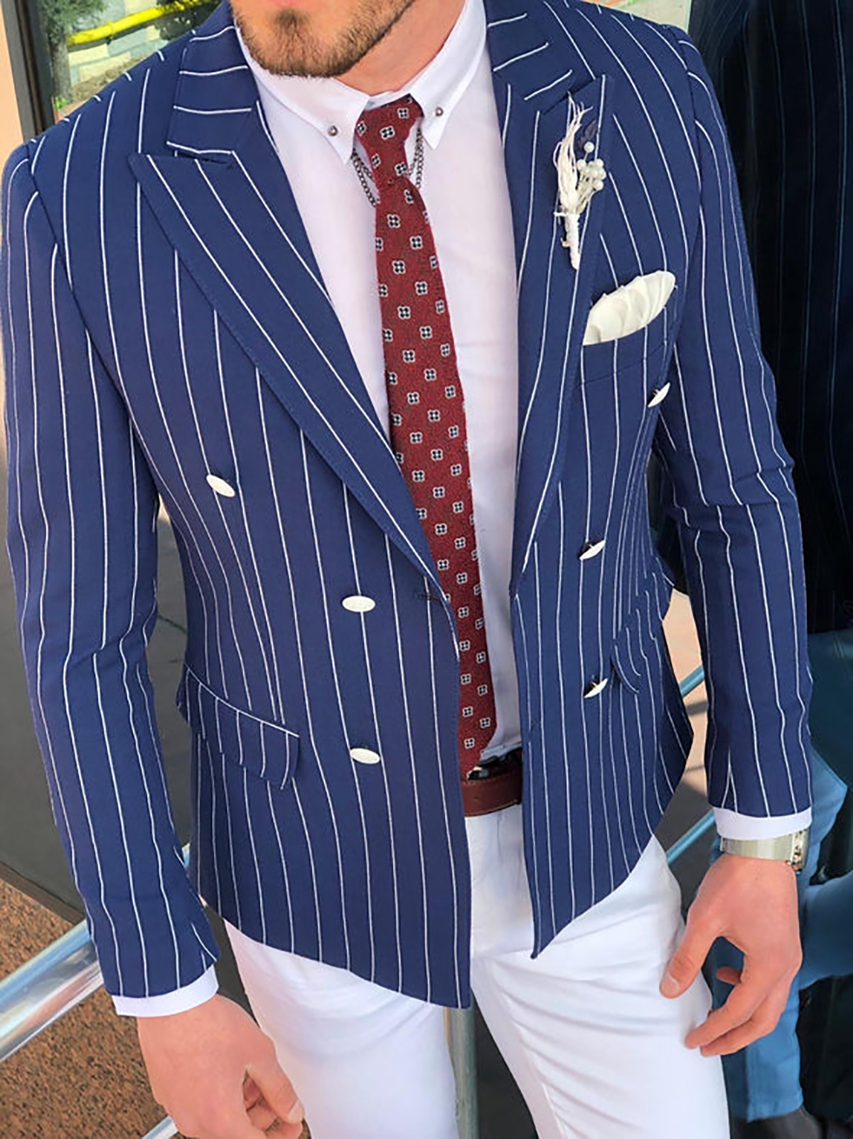Navy Stripes Men Jacket Slim Fit Double Breasted Mens Party Birthday Formal Wear Wedding Tuxedos Only One Piece No Pants