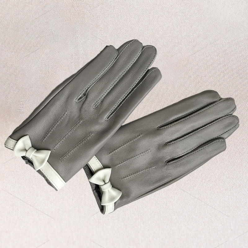 Women039s short design sheepskin gloves genuine leather gloves Bow design pink motorcycle glove