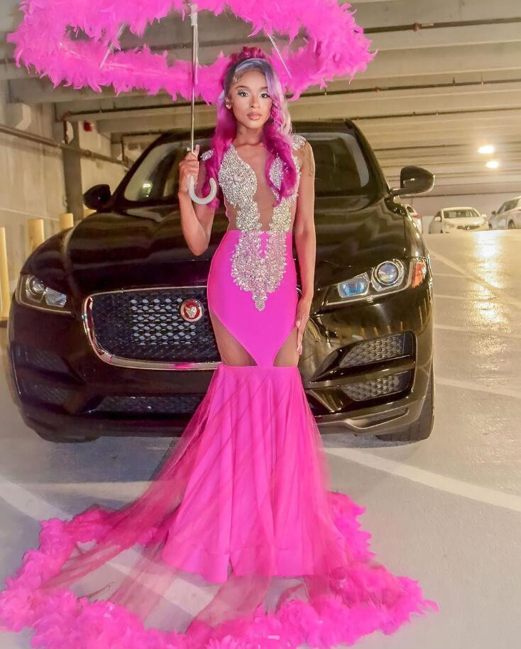Fuchsia Pink African Mermaid Evening Formal Dress for Women Sparkly Diamond Crystal Feather Black Girl Prom Ceremony Gown 2024