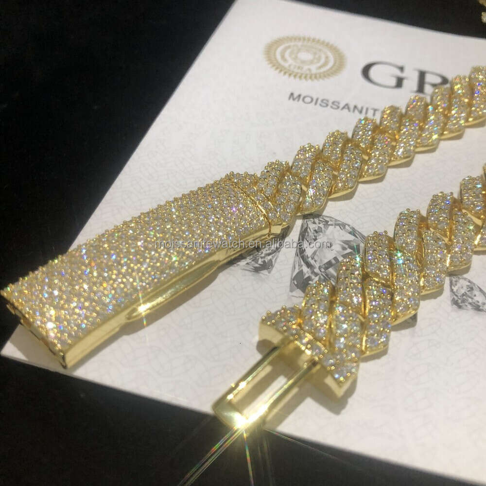 Custom Hip Hop Jewelry Moussaint Cuban Necklace S925 Sterling Silver Plated 14k Gold Full Set Diamond Chain