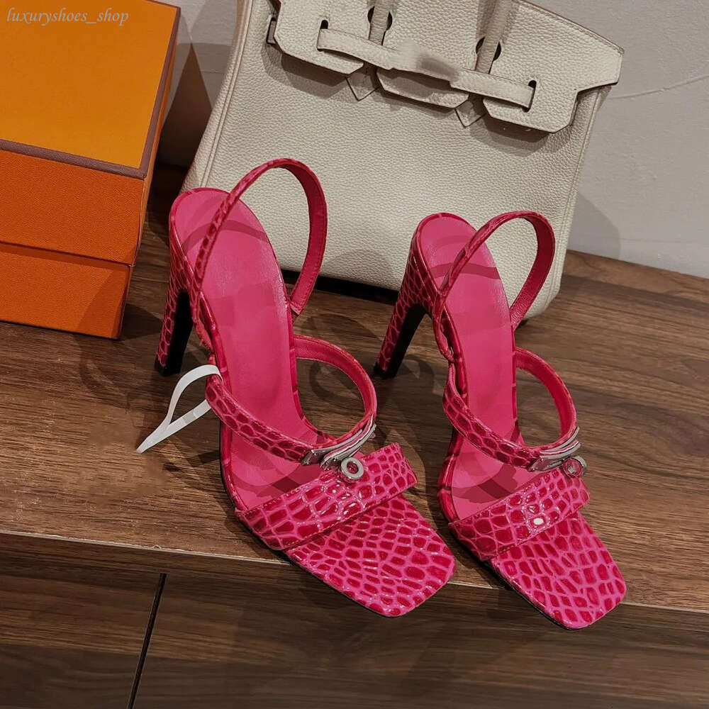 Glamour sandals Crocodile leather pattern calf leather outer layer Inner mixed sheep sandal skin Heel height Bright snake scale pattern factory footwear Sandals