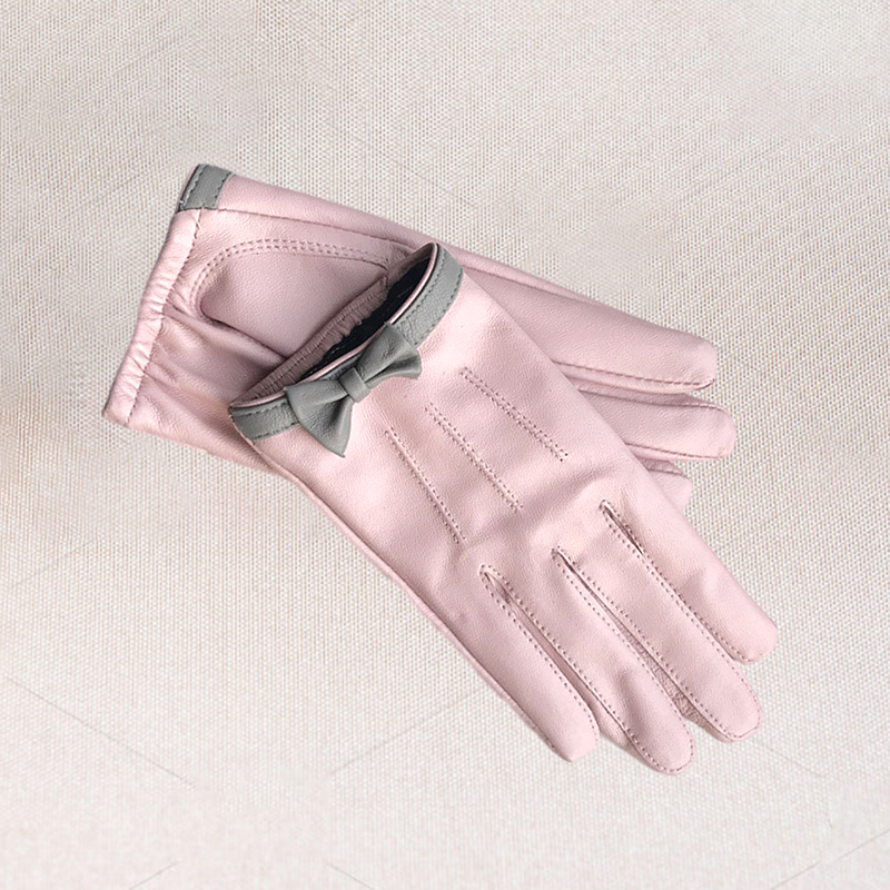 Women039s short design sheepskin gloves genuine leather gloves Bow design pink motorcycle glove