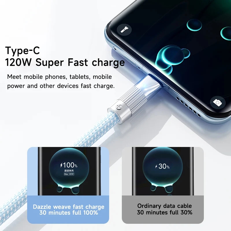 120W 6A Fast Charging USB Type C Cable For Xiaomi Redmi Samsung Oneplus Honor OPPO Phone Charger USB C Cable Durable Braided Wire Cord 2m/1.5m/1m