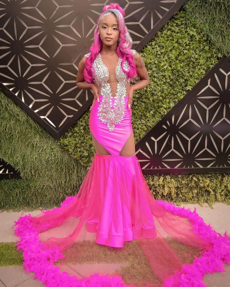 Fuchsia Pink African Mermaid Evening Formal Dress for Women Sparkly Diamond Crystal Feather Black Girl Prom Ceremony Gown 2024