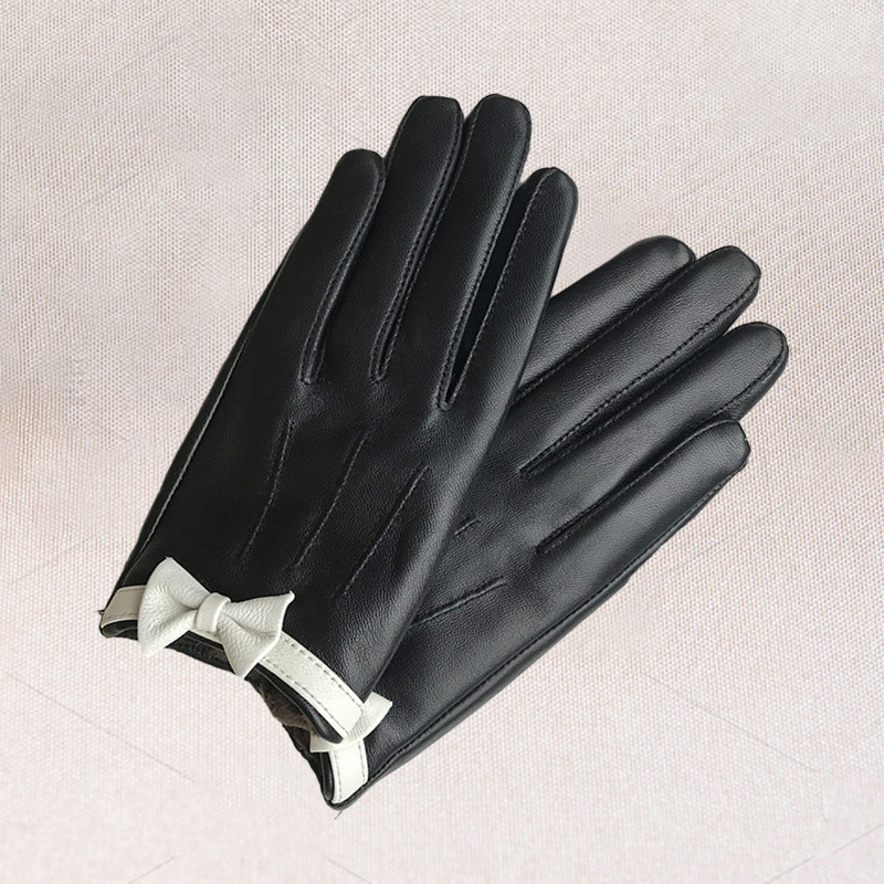 Women039s short design sheepskin gloves genuine leather gloves Bow design pink motorcycle glove