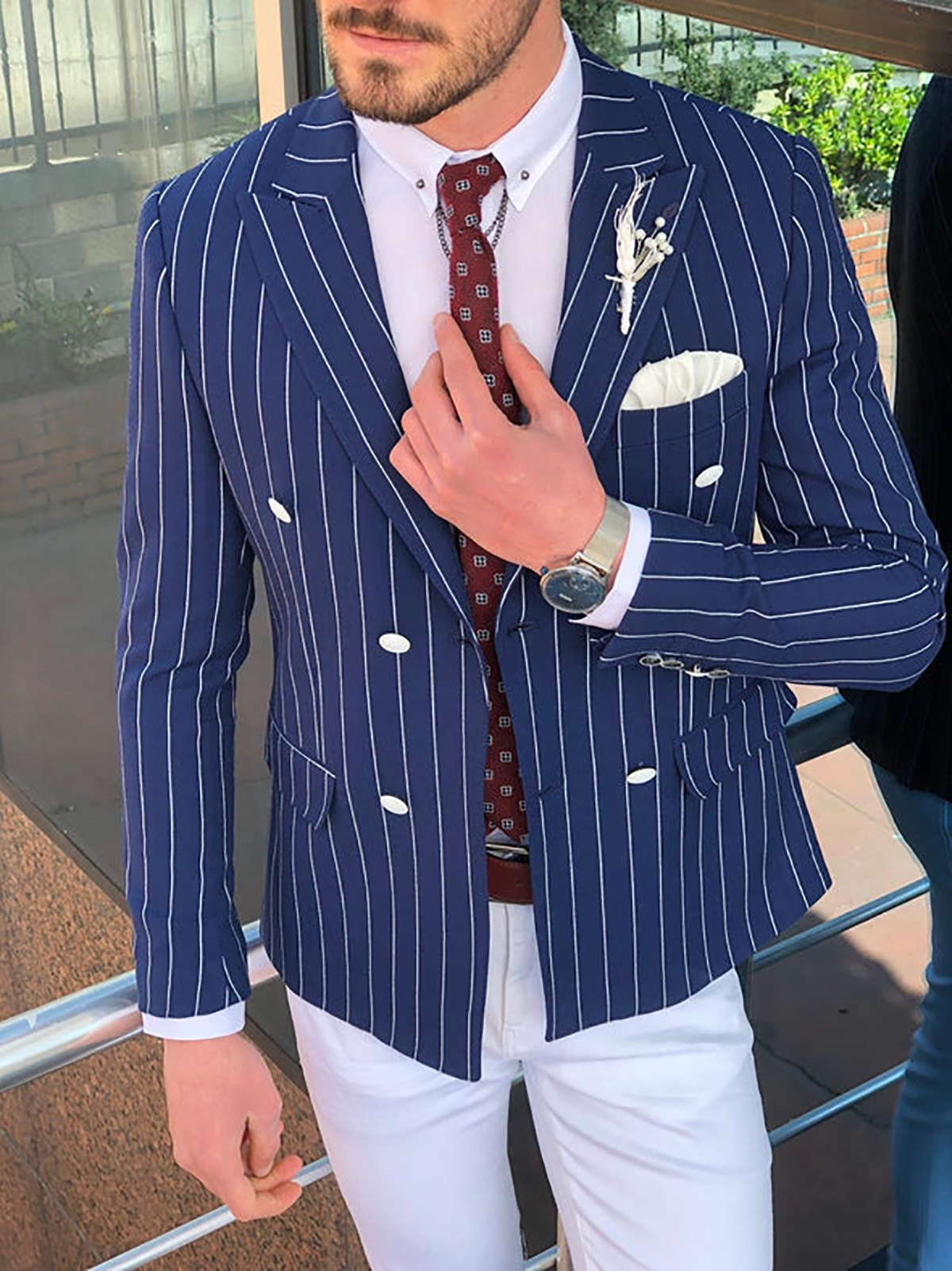 Navy Stripes Men Jacket Slim Fit Double Breasted Mens Party Birthday Formal Wear Wedding Tuxedos Only One Piece No Pants