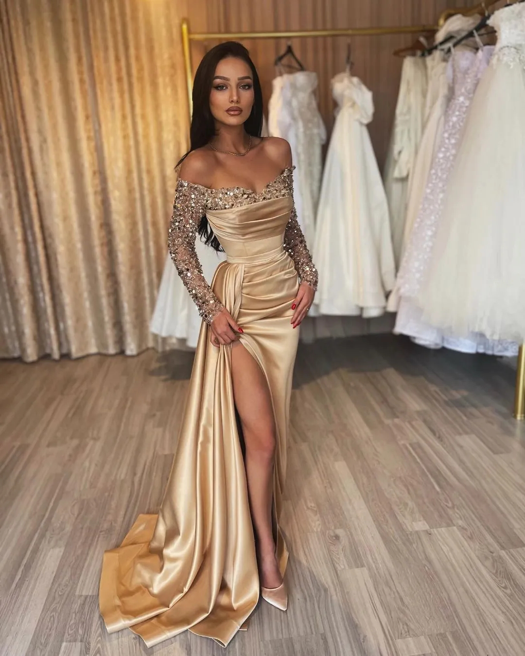 Shoulder Sexy Prom Off Dresses Side Split Special Ocn Dress Sequins Long Sleeves Evening Gown for Women 2024