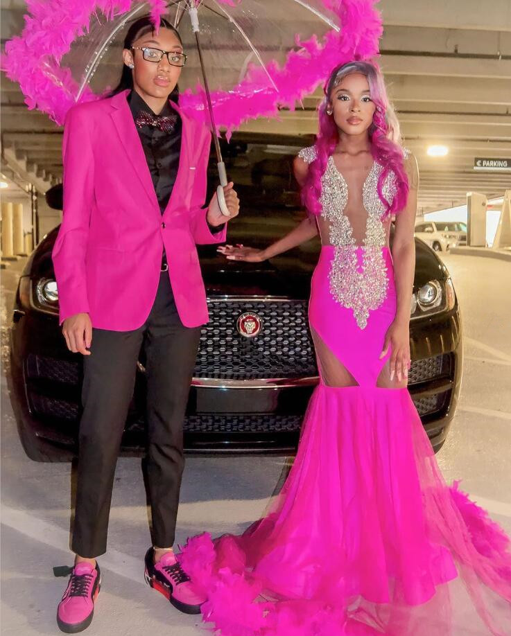 Fuchsia Pink African Mermaid Evening Formal Dress for Women Sparkly Diamond Crystal Feather Black Girl Prom Ceremony Gown 2024
