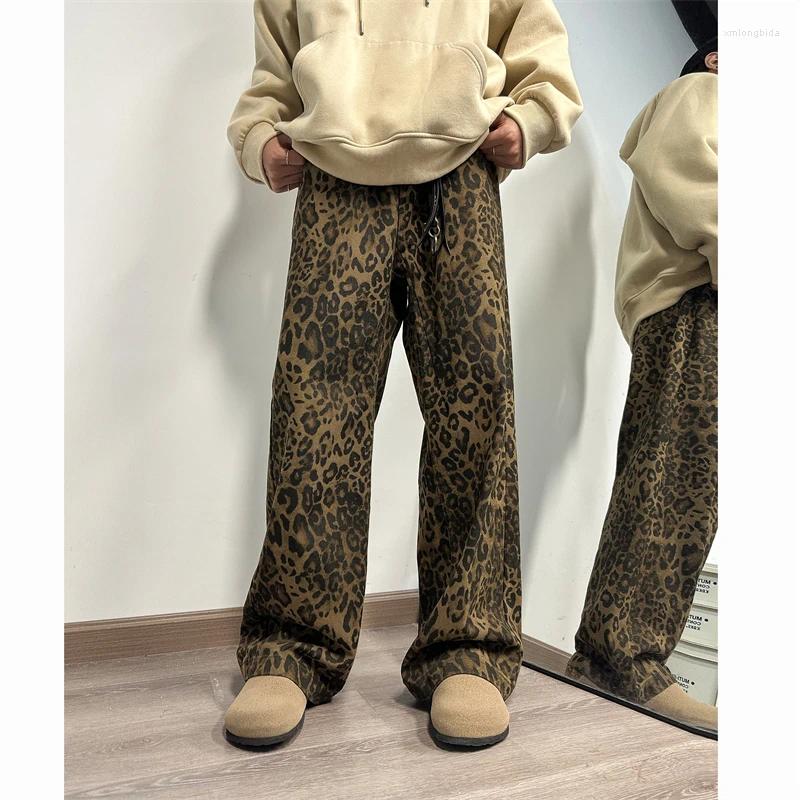 Men's Jeans Leopard Printed Men Fashion Retro Vintage Streetwear Hip-hop Loose Wide Leg Mens Denim Trousers