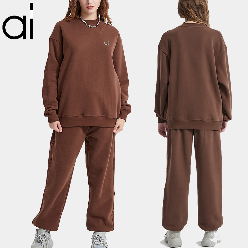 Yoga Slouchy Suit Sweatshirts +Sweatpants Plush Heavy Weight Crew Neck Pullover Lovers Studio-to-street Sweater Loose Jogger Sweatwear 3d on Chest
