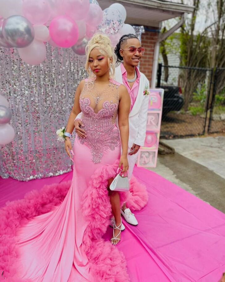 Bubble Pink Sparkly Mermaid Prom Dresses For Women Dia Crystal Slit Ruffles Evening Ceremony Celebrity Gown 0218