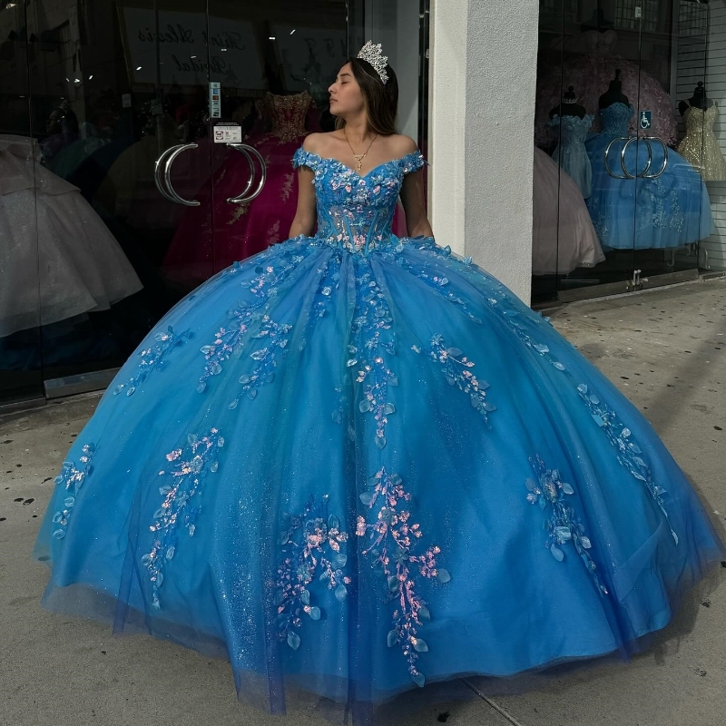 Mexico Blue Shiny Off The Shoulder Ball Gown Quinceanera For Girl Beaded Applique Lace Birthday Party Gowns Prom Dresses Sweet 16 Vestido De 15 Anos