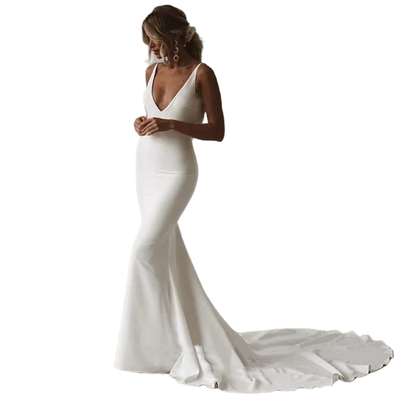 Sexy Backless Mermaid Wedding Dresses Back Buttons V-Neck Sleeveless Simple Satin Boho Beach Bridal Gowns 2024 Summer Bride Dress