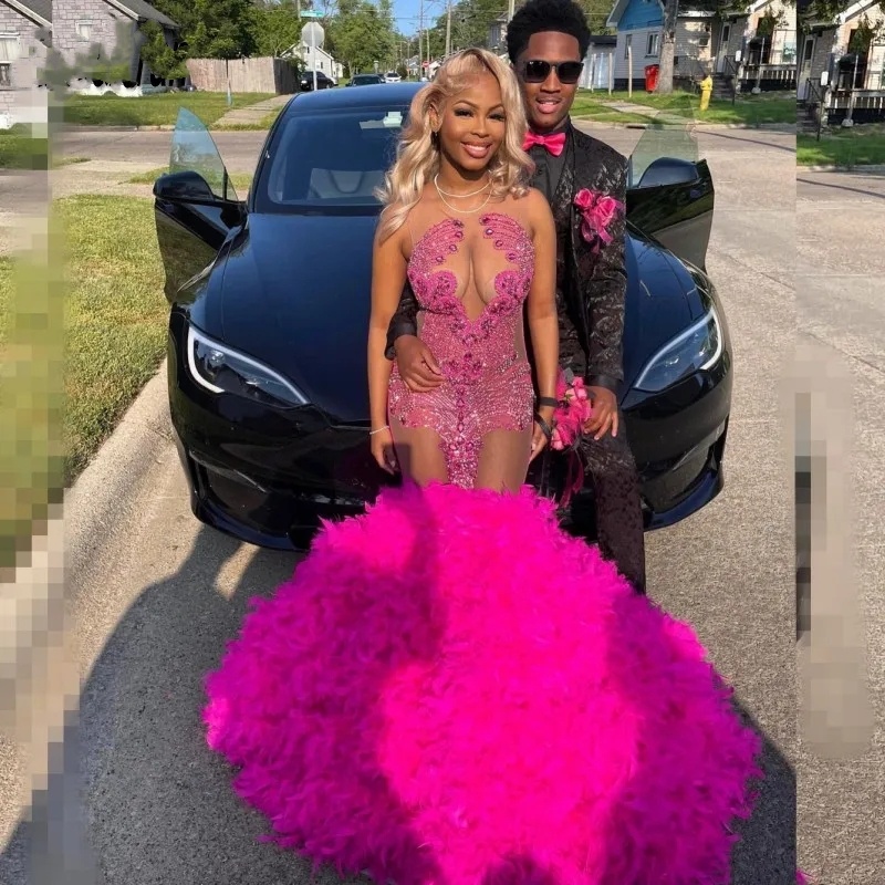 Hot Pink Prom Dress For Black Girls Rhie Feathers Mermaid Party Gowns See Through Top Vestidos De Festa 6660306