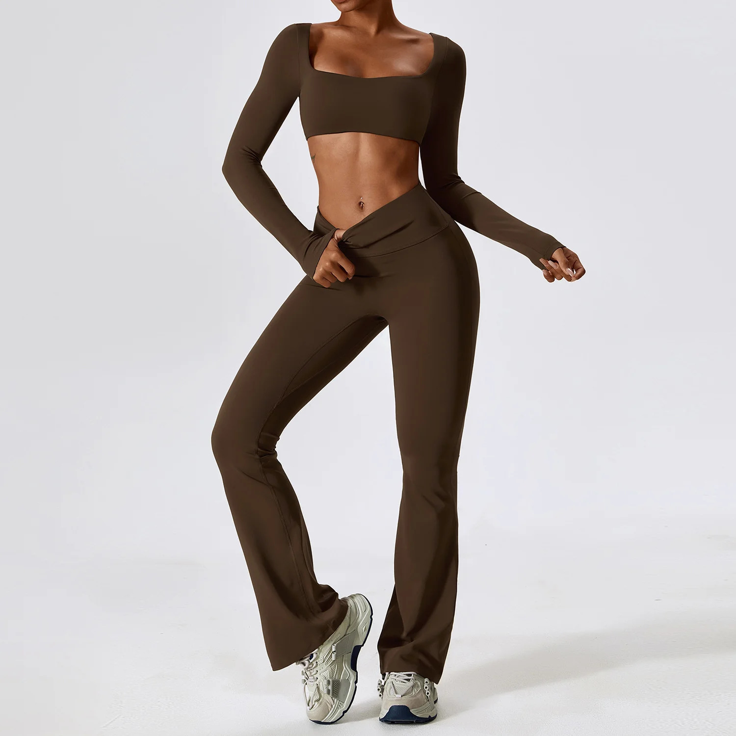 NCLAGEN Women's 2pcs Gym Yoga Suit Tight Fitting Sports Set Workout Breathable T Shirts Bra Tank Top Loose Bellbottoms Leggings 240122