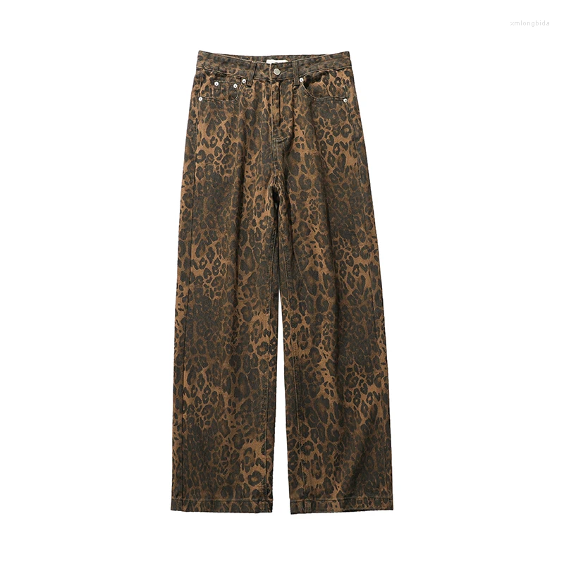 Men's Jeans Leopard Printed Men Fashion Retro Vintage Streetwear Hip-hop Loose Wide Leg Mens Denim Trousers