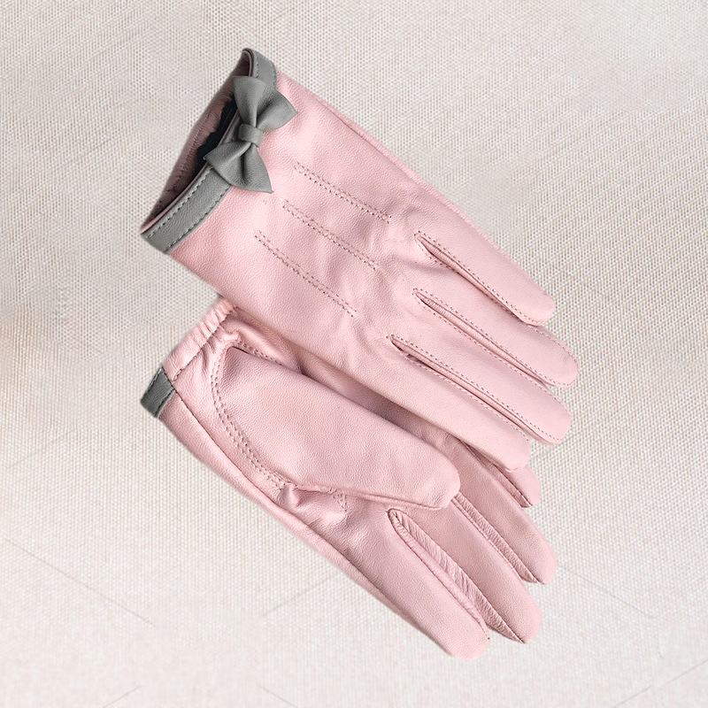 Women039s short design sheepskin gloves genuine leather gloves Bow design pink motorcycle glove