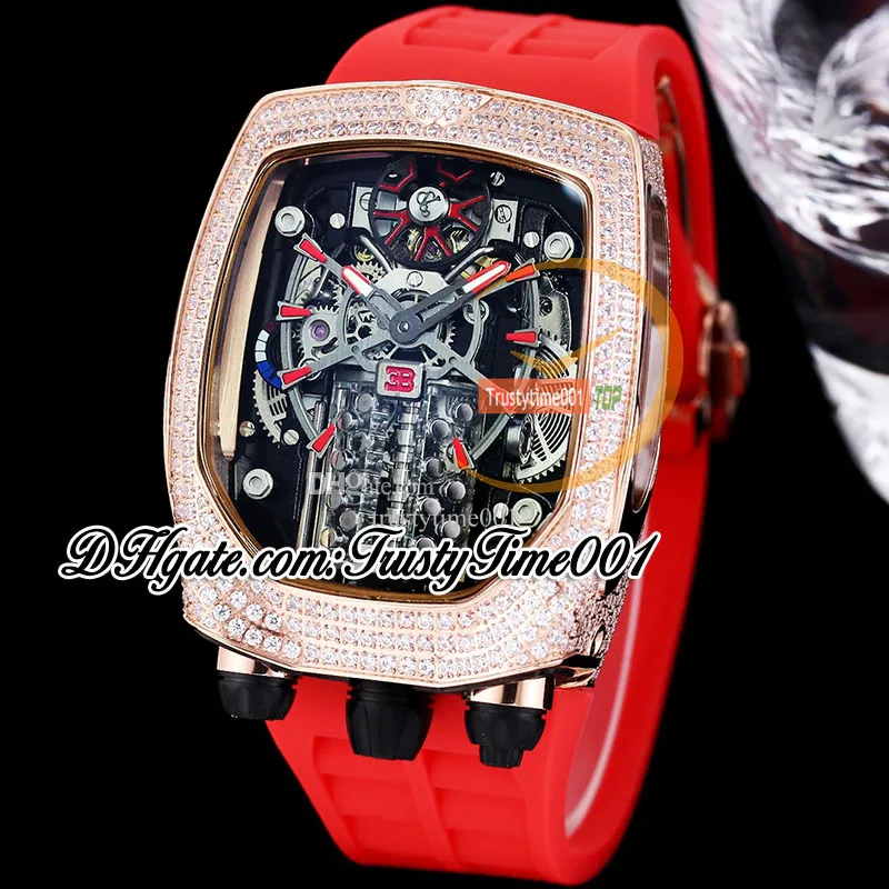 Other Clocks Buga Chiron Tourbillon Autoamtic Mens Watch With 16 Cylinder Engine, Skeleton Dial, Iced Out Diamond Station Necklace Inlay, Home Decor)