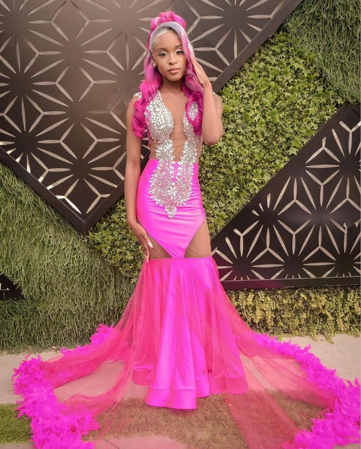 Fuchsia Pink African Mermaid Evening Formal Dress for Women Sparkly Diamond Crystal Feather Black Girl Prom Ceremony Gown 2024